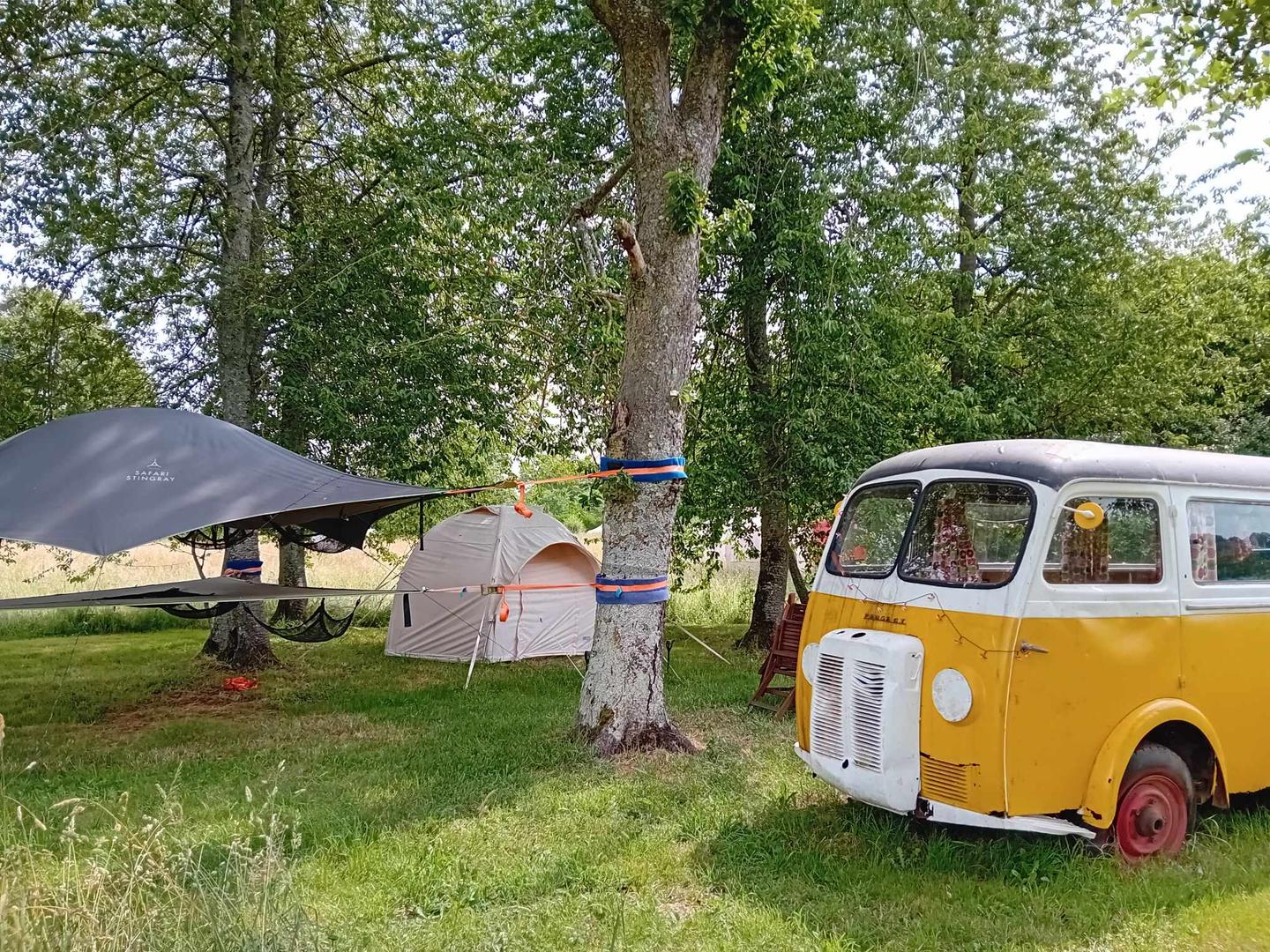 Logement GreenGo: Bus soleil avec une tente dans les arbres et une tente cocoon