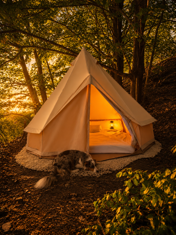 Tipi nature à l'ombre des tilleuls | Rivière & douche ambiance Bali - Animaux de la ferme