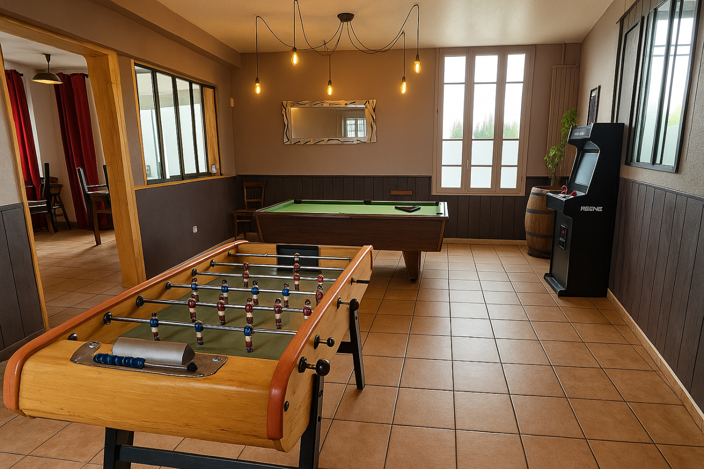 Salle de jeux : Baby foot, Billard, Borne d'arcade, jeux de fléchettes
