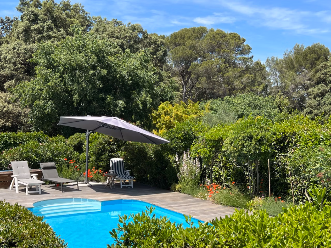 Beau jardin ombragé avec grande piscine sécurisée